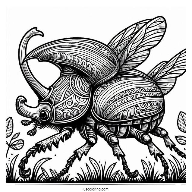 Detailed Hercules Beetle Coloring Page On The Grass