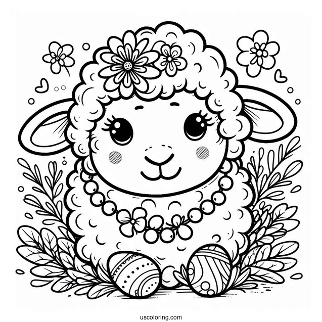 Easy Sheep With Flower Necklace Spring Coloring Page
