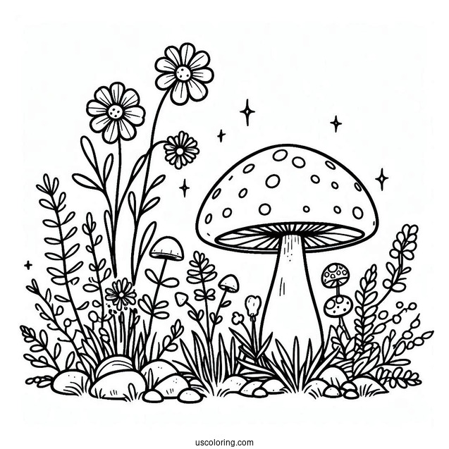 Wildflowers And Weeds Growing Around Mushroom Coloring Page