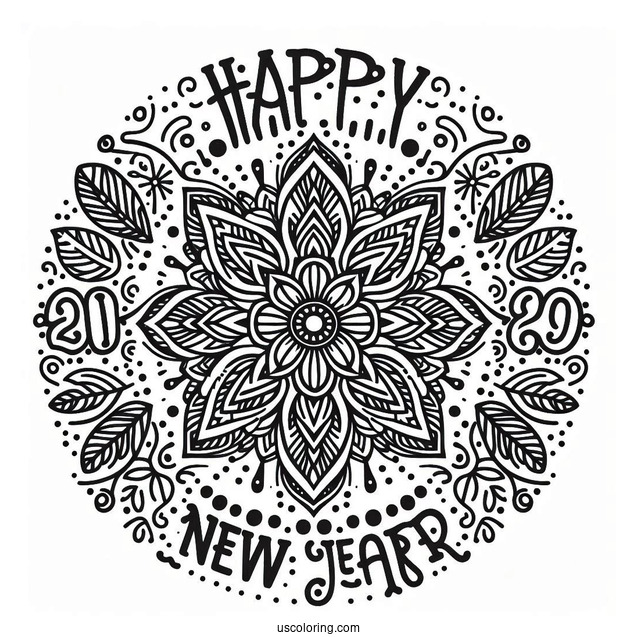 Happy New Year Coloring Page Of Words Below A Festive Mandala