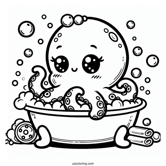 Cute Baby Octopus Coloring Page Having Bubble Bath