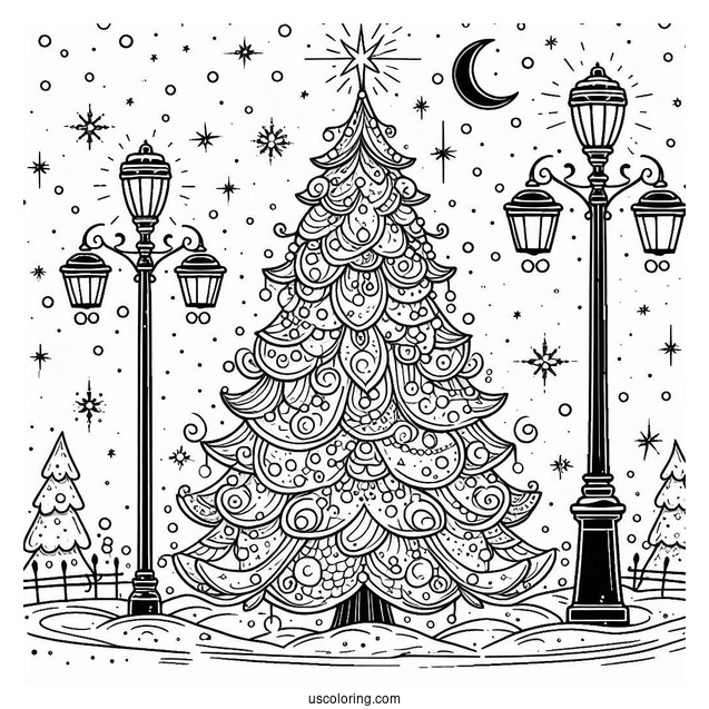 Christmas Tree In The Snow With Lamp Posts