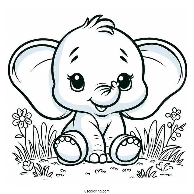 Cute Coloring Page Of Dumbo Sitting On Grass