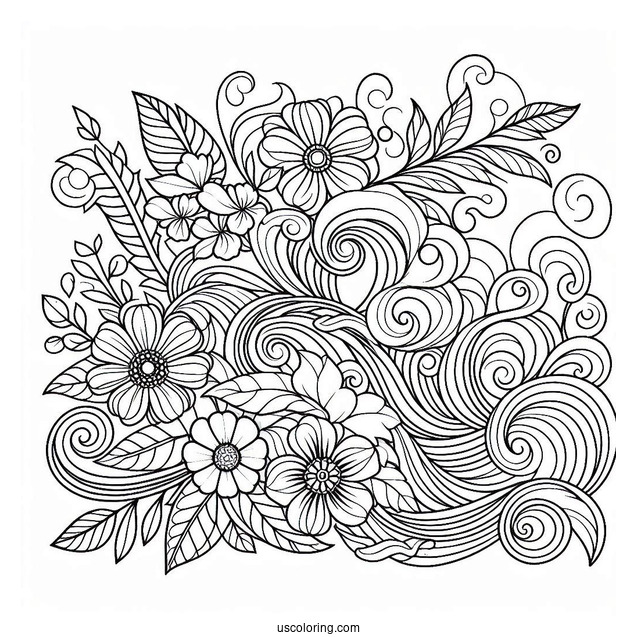 Waves And Flowers Pattern Coloring Page