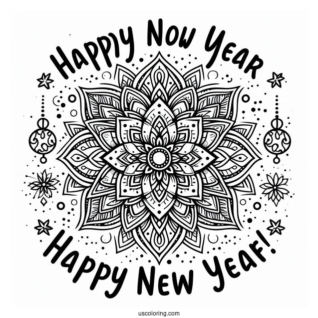 Happy New Year Coloring Page Of Words Below A Festive Mandala