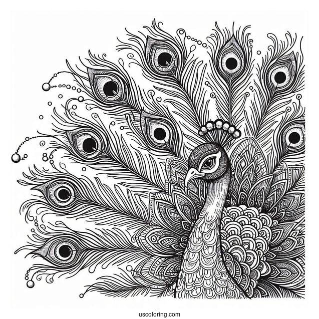 Full Page Peacock Coloring Page Close Up With Large Ornate Tail Feathers