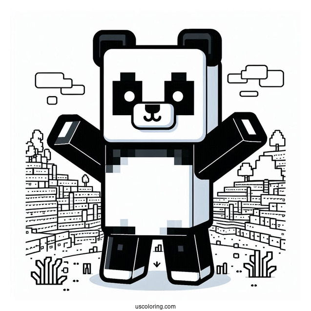 Minecraft Panda Coloring Page Standing in Pixel Landscape For Kids