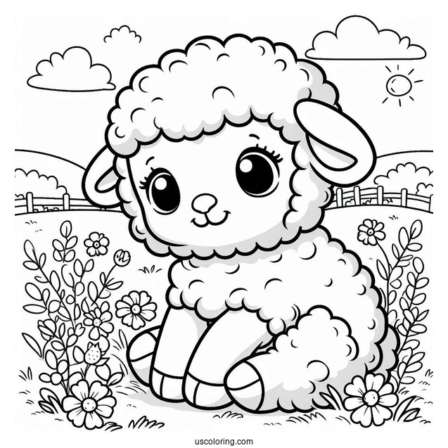 Happy Baby Lamb Sitting In Field Coloring