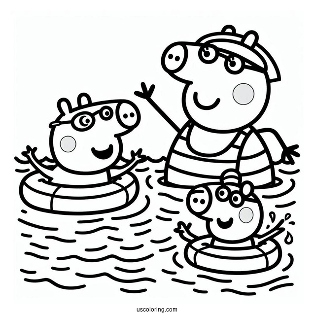 Swimming Coloring Page Of Mummy Pig Teaching George Pig And Peppa Pig To Swim