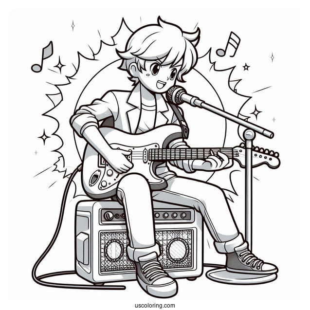 Sing Coloring Page Of Ash Playing Electric Guitar While Sitting On Amplifier