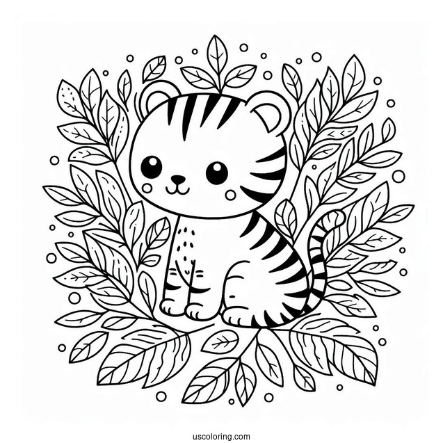 Tiny Tiger On Leaves Pattern Coloring Page