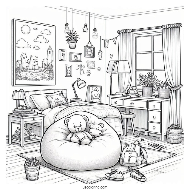Kid's Bedroom Coloring Page With Bean Bag, Stuffed Toys, And Paintings