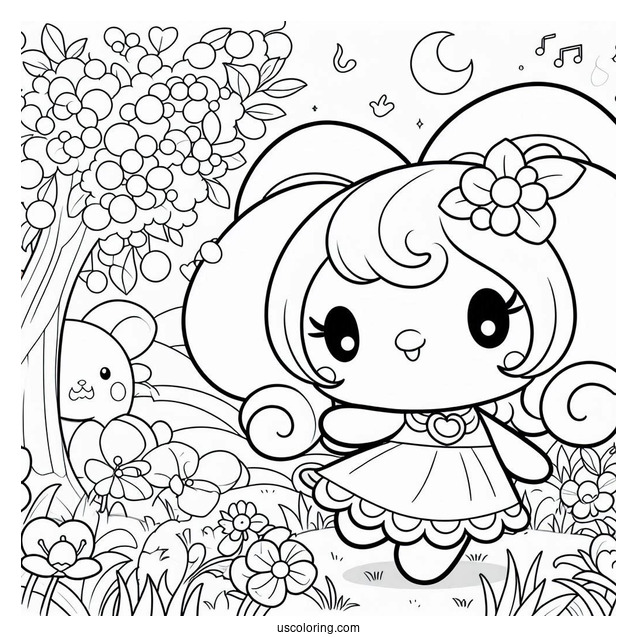 Kuromi In Garden With My Melody Coloring Page