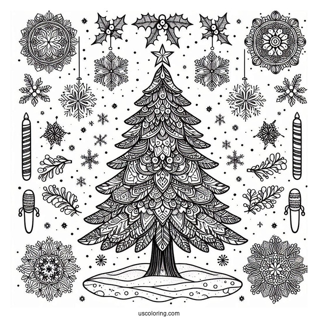 Christmas Tree Surrounded By Snow And Mistletoe Christmas Mandala Coloring Page
