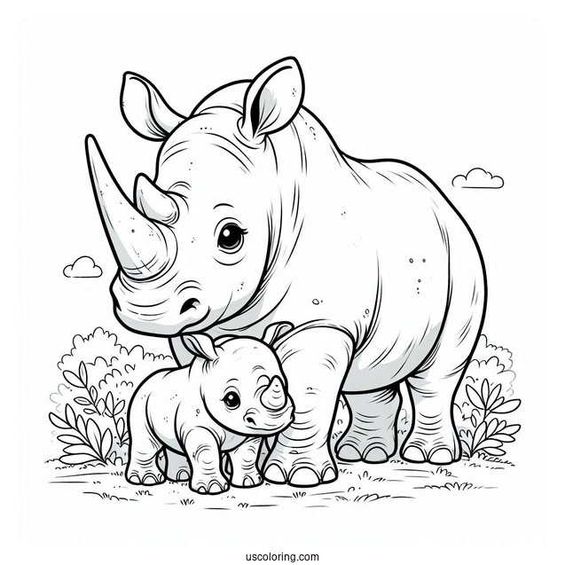 Coloring Page Of New Born Rhino And Mother
