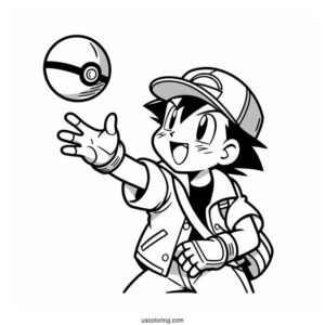 Ash Ketchum Throwing Pokeball Coloring Page For Kids