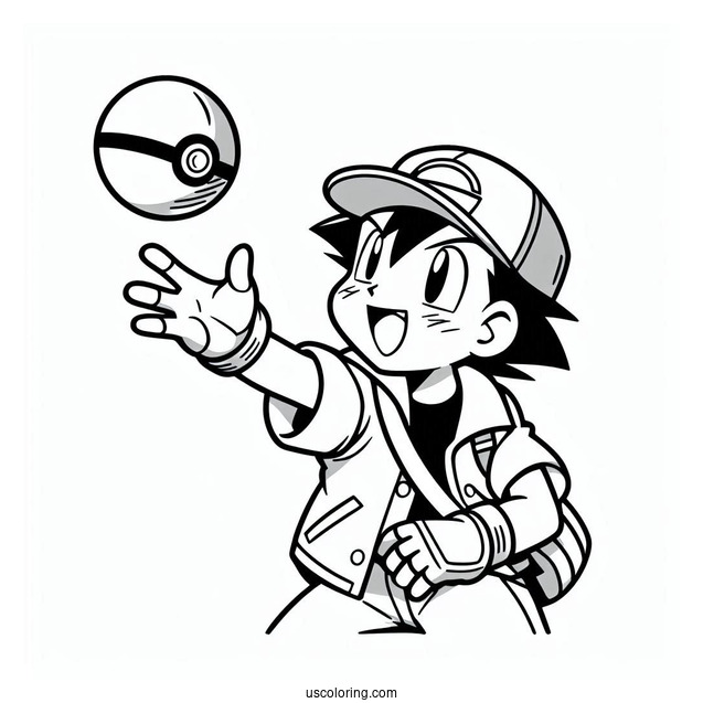 Ash Ketchum Throwing Pokeball Coloring Page For Kids