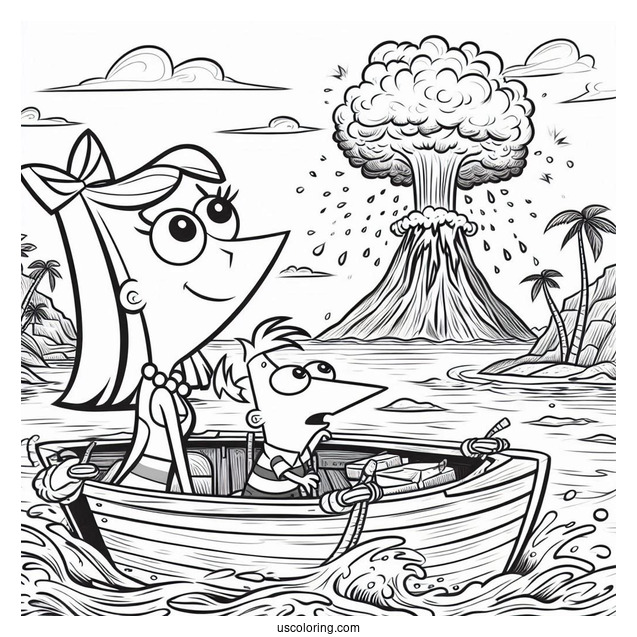 Phineas And Ferb Coloring Page With Isabella Watching Volcanic Eruption From Boat