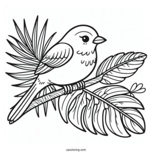 Easy Outline Of Bird Perched On Leaf In Jungle Coloring Page