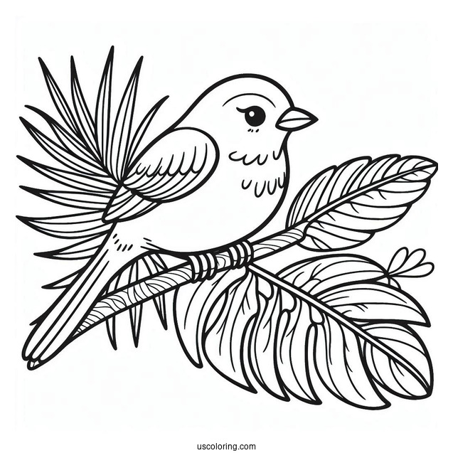 Easy Outline Of Bird Perched On Leaf In Jungle Coloring Page