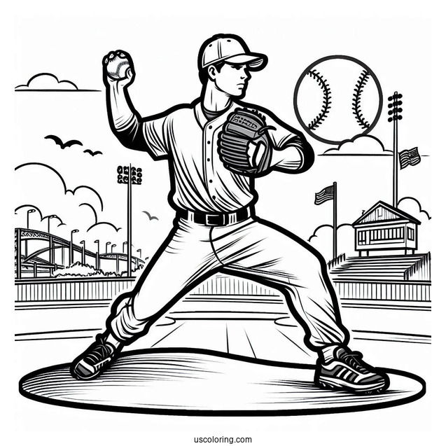 Baseball Coloring Page Of Player Warming Up to Pitch
