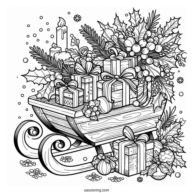 Christmas Coloring Pages For Adults Of Christmas Sled Filled With Hollies, Presents, And Mistletoes