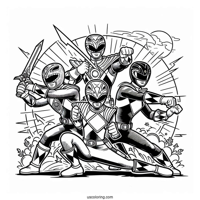 Coloring Page Of Power Rangers Fighting Together