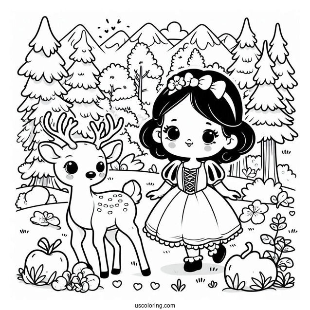 Kawaii Snow White Coloring Pages With Deer In The Forest For Preschoolers