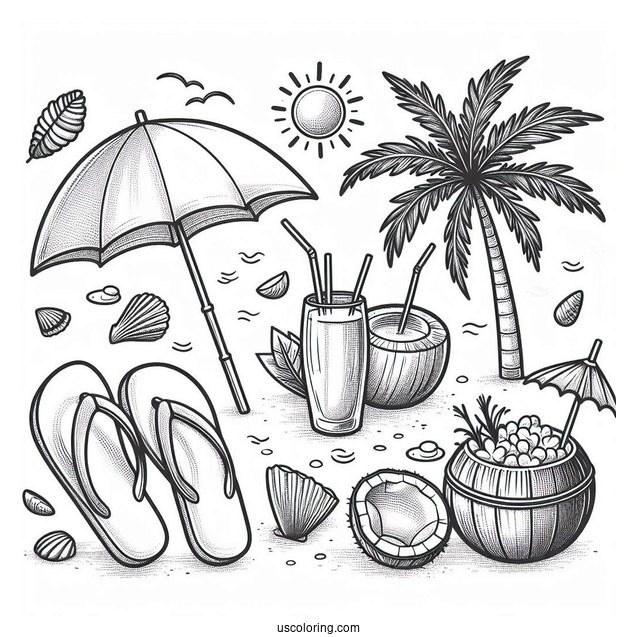 Beach Flip Flops, Umbrella, Surfboard, Seashell, Palm Tree, Coconut Drink, Bucket, And Sun