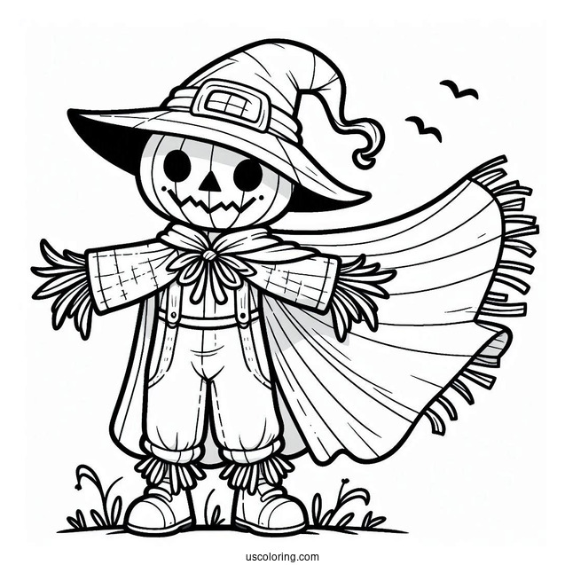 Halloween Scarecrow Coloring Page With A Long Cape