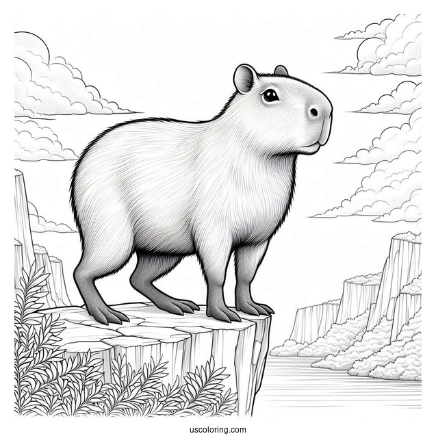 Realistic Capybara Coloring Page Standing On Cliff