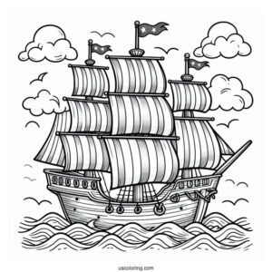 Cute Pirate Ship Coloring Page With Striped Sails At Sea