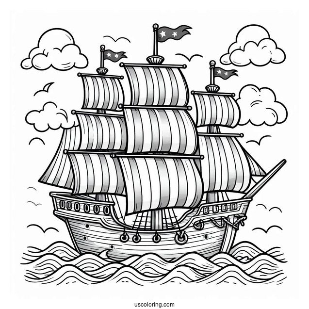 Cute Pirate Ship Coloring Page With Striped Sails At Sea