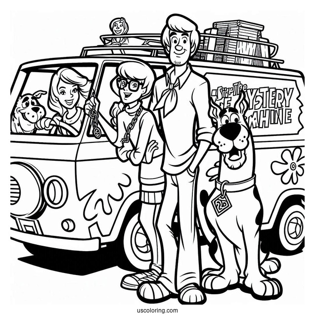 Scooby Gang With The Mystery Machine Coloring Page