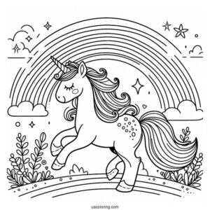 Unicorn Strolling On A Rainbow Coloring Sheet For Preschoolers
