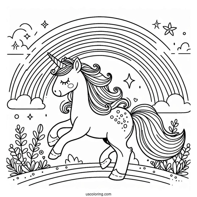 Unicorn Strolling On A Rainbow Coloring Sheet For Preschoolers