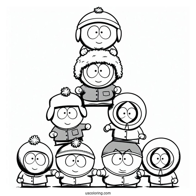 South Park Coloring Page Of Kenny, Kyle, Stan, Tolkein, Eric, And Butters Forming Pyramid