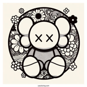 KAWS Coloring Page Companion With Retro Hippie Flower Background