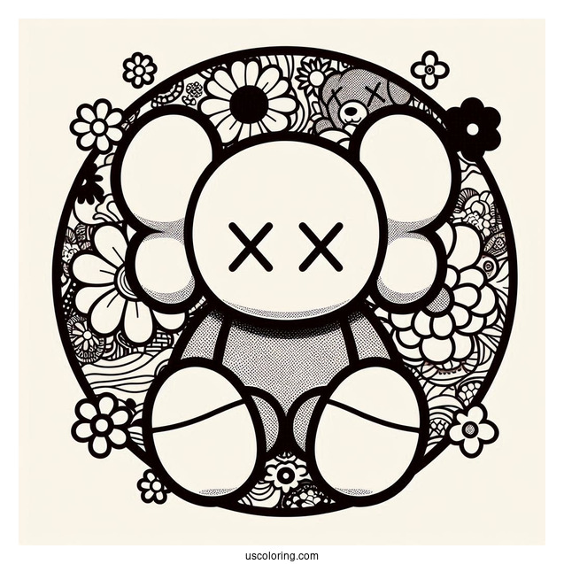 KAWS Coloring Page Companion With Retro Hippie Flower Background