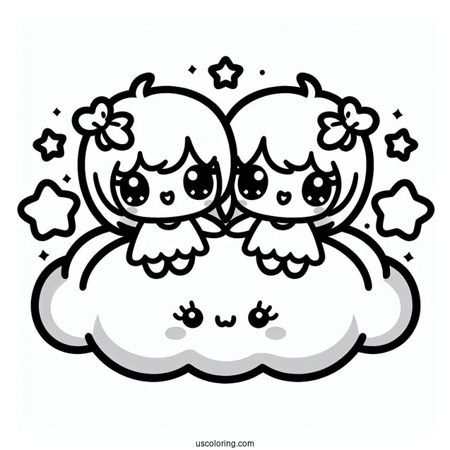 Kawaii Little Twin Stars On A Cloud Coloring Sheet