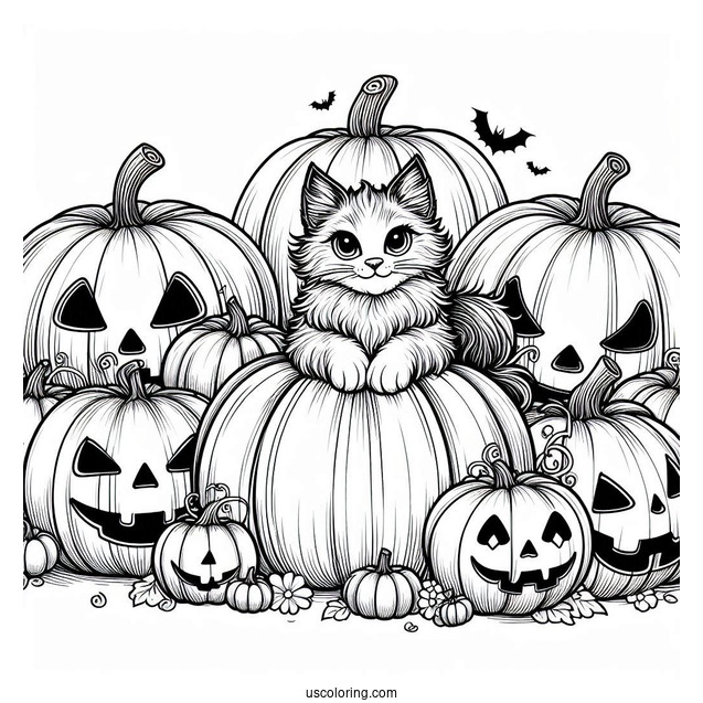 Pumpkin Coloring Page Of Cat Surrounded By Jack O Lanterns