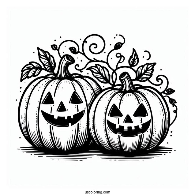 Pumpkin Coloring Page Two Jack O Lantern With Vines