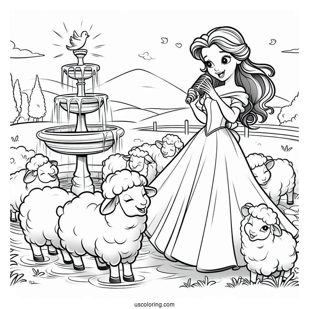 Belle Singing To Sheep At The Water Fountain