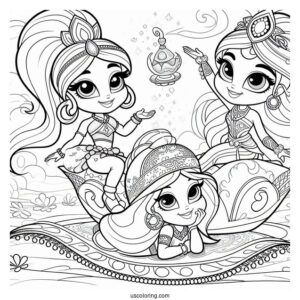 Shimmer And Shine Coloring Page Nahal, And Nazboo On A Magic Carpet With Zeta In The Background