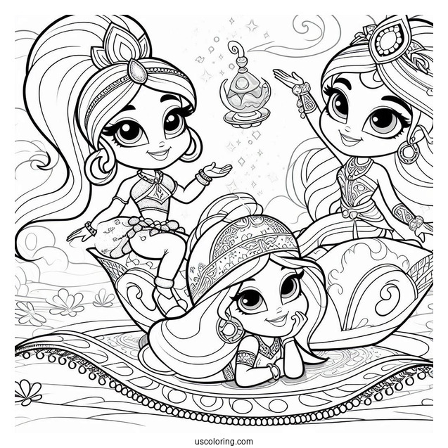 Shimmer And Shine Coloring Page Nahal, And Nazboo On A Magic Carpet With Zeta In The Background
