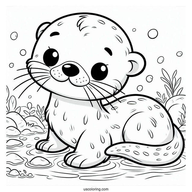 Cartoon Otter Coloring Page Swimming In River For Kids