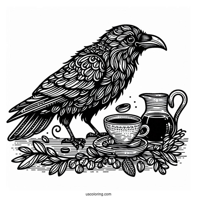 Raven Coloring Page Adding Syrup To Coffee