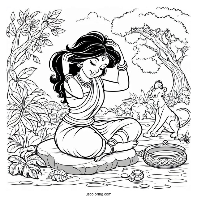 Jungle Book Coloring Page Of Shanti Fixing Her Hair While Sitting On Rock