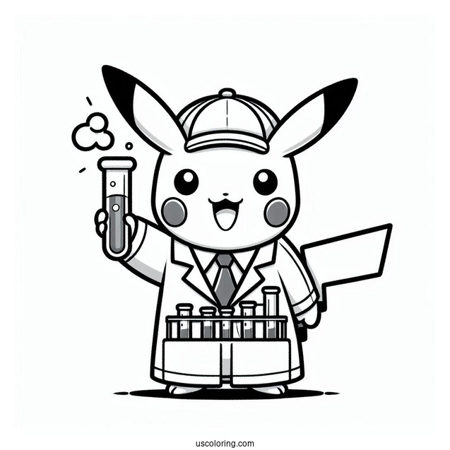 Science Coloring Page Of Scientist Pikachu Holding Up A Test Tube For Kids
