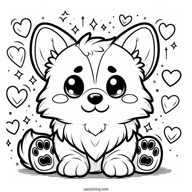 Chibi Corgi Coloring Page With Hearts And Paws In Background